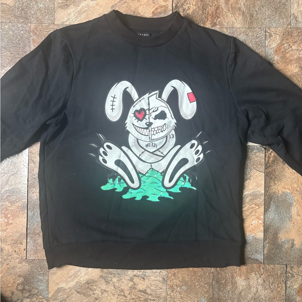 Boohoo Black Crewneck Sweater with Cartoon Rabbit Design